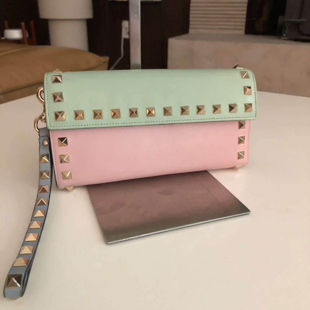 Valentino Garavani Mint Green and Baby Pink Rockstud Wristlet Clutch